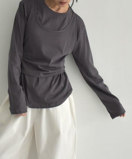 tops-02536　Layered Cut and Sew　White Charcoal