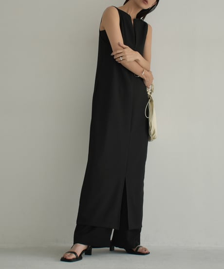 onepiece-12015　Linen Blend Stretch 2way One Piece Gray Black