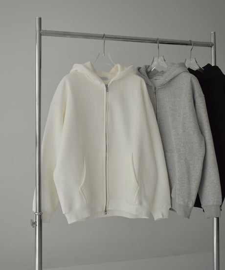 tops-02515　Brushed Back Double Zip Hoodie White Gray Black