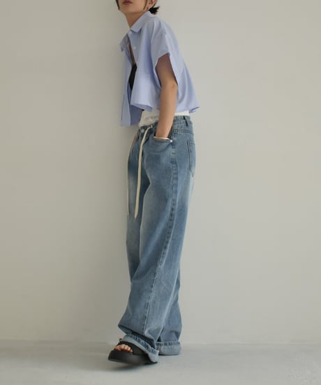 bottoms-02239　Double Waist Denim Light Blue Blue