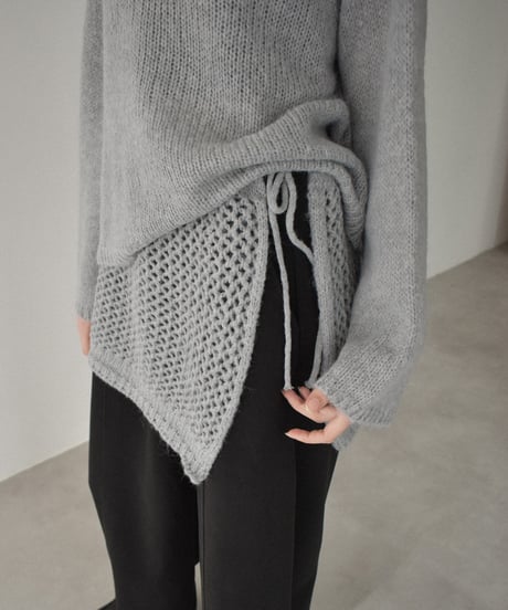 knit-02355　Wrap Crochet Knit & Boat Neck  Knit Pullover  Light-Gray Charcoal Brown