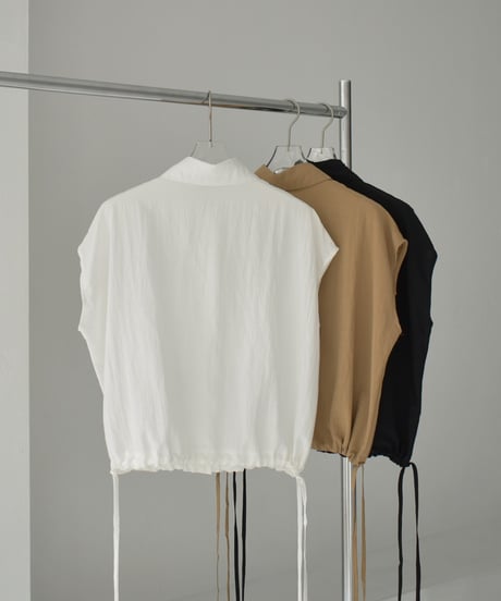 tops-02548　Drawstring Design French Sleeve Shirt　White Beige Black