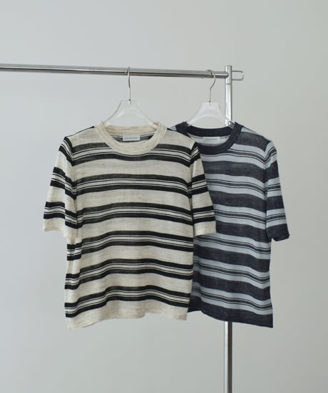 nh-knit-02384 Half-Sleeve Striped Knit Ecru Blue