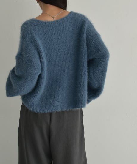 knit-02289　Shaggy Knit Cardigan Blue Gray Black