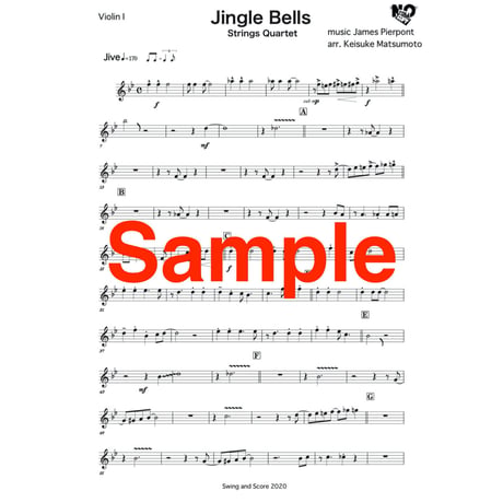 "Jingle Bells " Strings Quartet ( 1vln,2vln,vla,cello  ) ジングルベル　弦楽４重奏　楽譜(パート譜のみ）