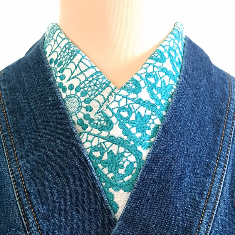 刺繍の半衿 アシメレース／ターコイズ | カジュアルキモノ