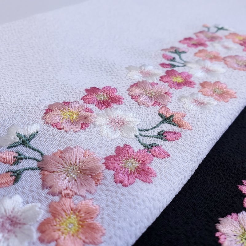 桜の刺繍半衿 お花見（白地） | カジュアルキモノ Orange bird STORE