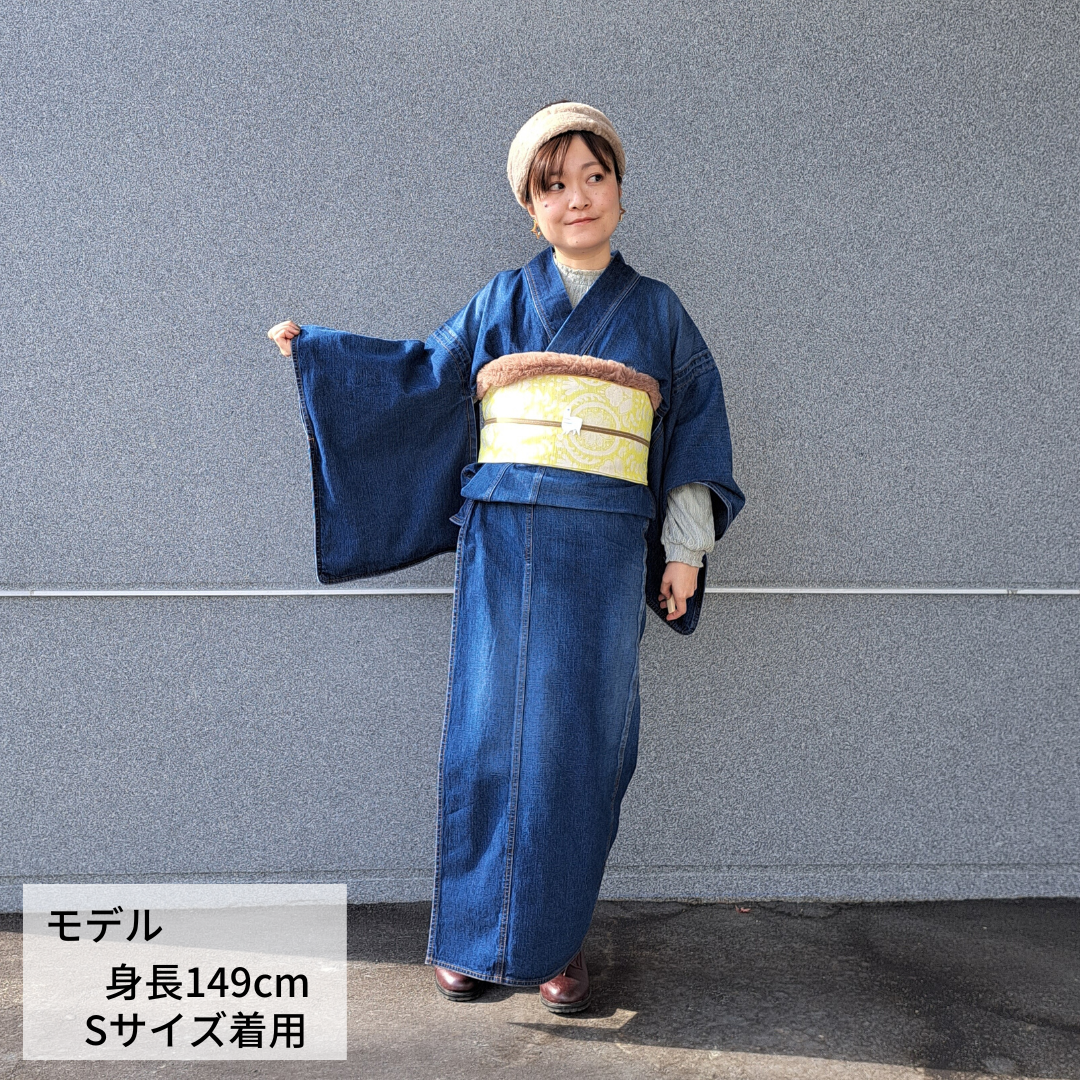 井原デニム着物 シルバー泊　バラ柄 反応染め サイズL 井原デニム着物 シルバー泊 バラ柄 反応染め サイズL 井原デニム着物