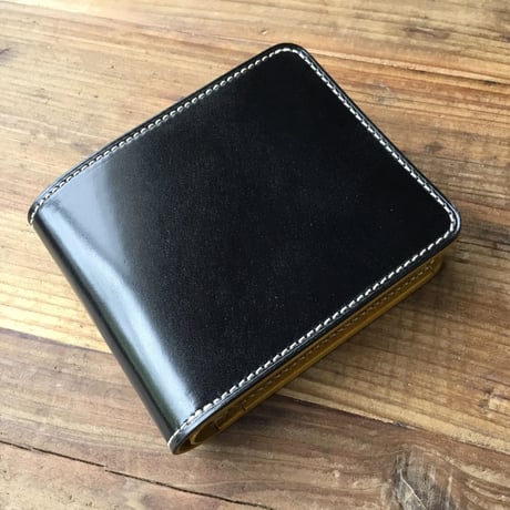 オイルコードバン黒×ルガトショルダーイエロー 二つ折り財布 小銭入れあり
