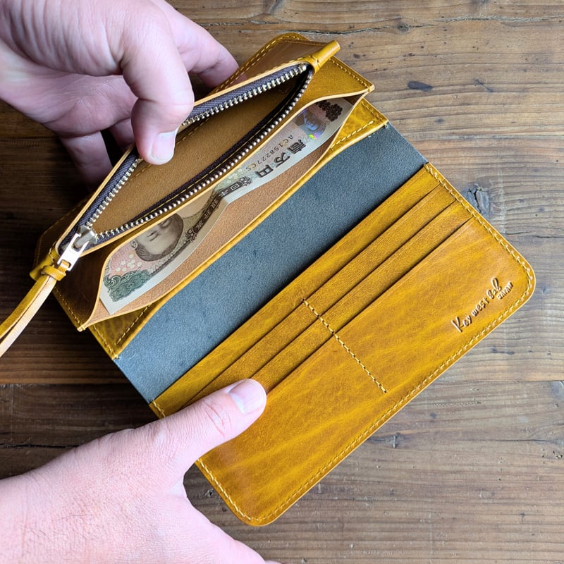 黒革×ルガトショルダーイエロー 黄色 長財布 小銭入れあり | keywest828