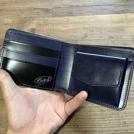 コードバン黒×ルガトショルダーネイビー　二つ折り財布 小銭入れあり