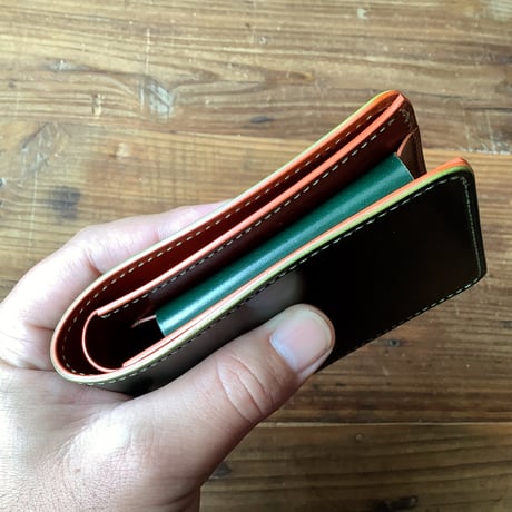 オイルコードバングリーン×ルガトショルダーオレンジ　二つ折り財布　小銭入れあり