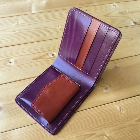 オイルコードバン黒×ルガトショルダーパープル 紫 ブラウン 二つ折り財布 小銭入れあり