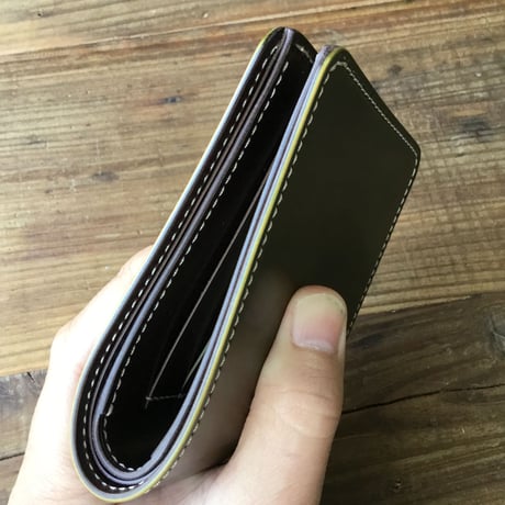 オリーブコードバン×チョコ色牛革 二つ折り財布 小銭入れなし