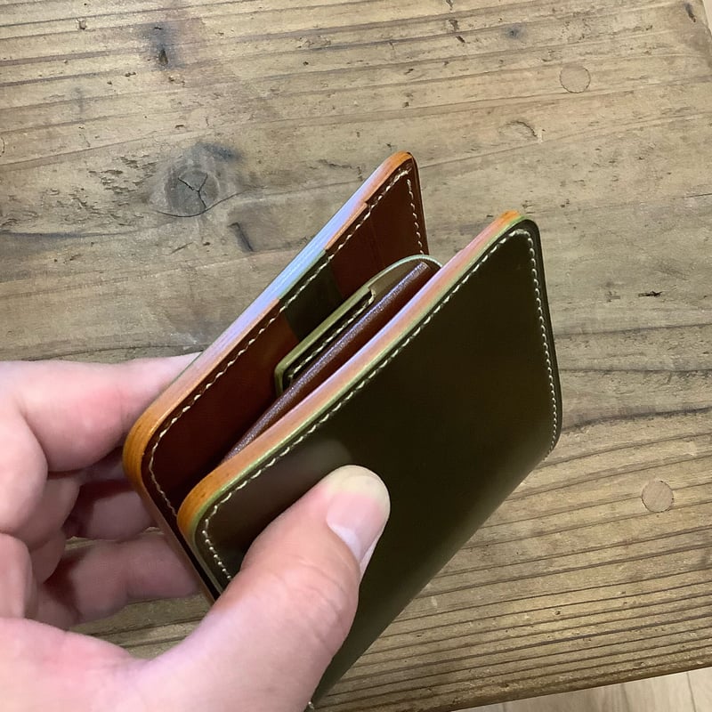 オリーブコードバン×ルガトショルダーブラウン 二つ折り財布 小銭入れ  