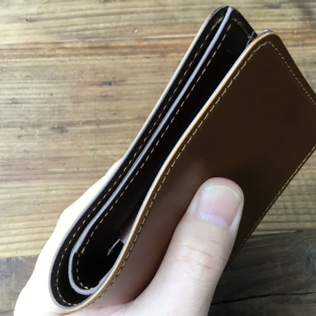 オイルコードバンブラウン×チョコ色牛革 二つ折り財布 小銭入れあり