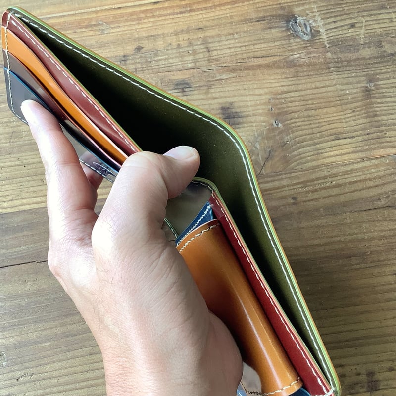 コードバンブルー　２つ折り財布 □送料無料□コードバン・ディープブルー×ブッテーロ・ボルドー