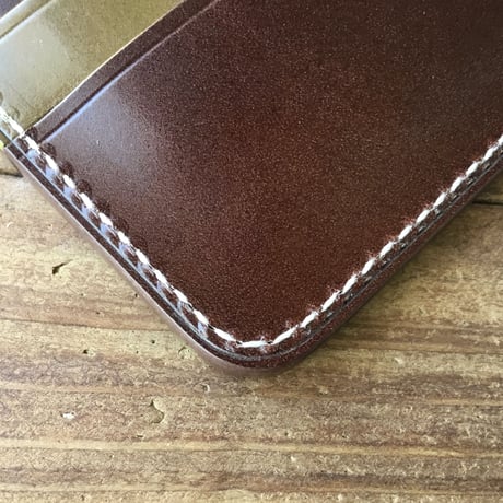 オリーブコードバン×チョコ色牛革 二つ折り財布 小銭入れなし