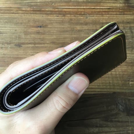 オリーブコードバン×チョコ色牛革 二つ折り財布 小銭入れなし