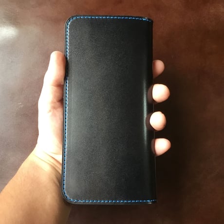 オイルコードバン黒×ルガトショルダーネイビー 長財布 小銭入れなし