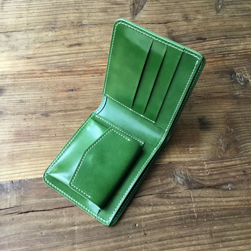 二つ折り財布　コードバングリーン ライトブラウンコードバン×グリーン牛革 二つ折り財布 小銭入れ