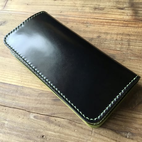 オイルコードバン黒×オリーブコードバン 長財布 小銭入れあり