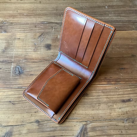 オイルコードバンネイビー×ルガトショルダーブラウン 二つ折り財布 小銭入れあり