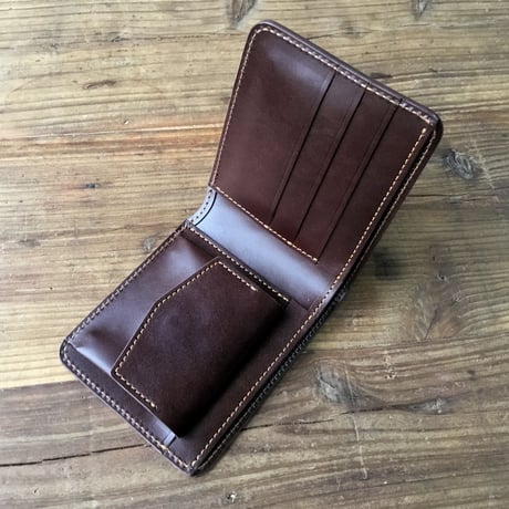 オイルコードバンブラウン×チョコ色牛革 二つ折り財布 小銭入れあり