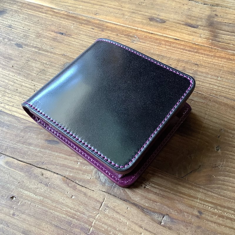 オイルコードバン黒×ルガトショルダーパープル 紫色 二つ折り財布 小銭
