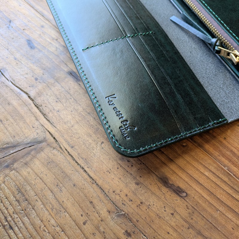 黒革×ルガトショルダーグリーン 深緑 長財布 小銭入れあり | keywest828