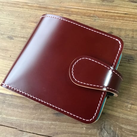 ブラウンコードバン×手染めターコイズブルー 二つ折り財布 小銭入れあり