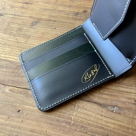 ルガトショルダーグリーン　深緑×オイルレザー 黒　 二つ折り財布  小銭入れあり