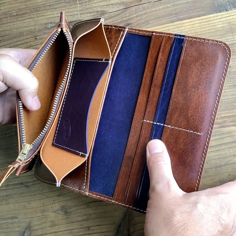 ルガトショルダーブラウン×ネイビー 長財布 小銭入れあり | keywest828