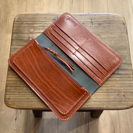 黒革×ルガトショルダーオレンジ　橙　長財布 小銭入れあり