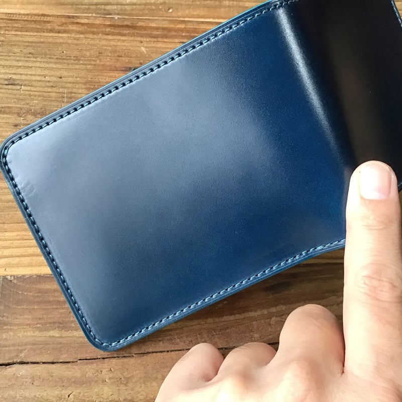 ネイビーオイルコードバン×キャメル牛革 二つ折り財布 小銭入れ