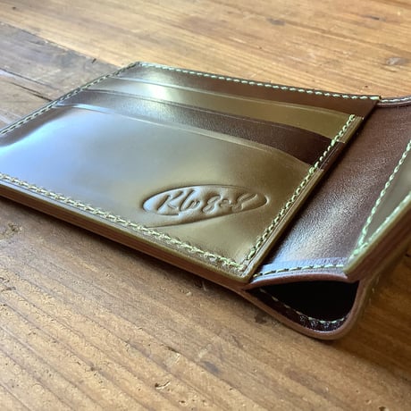 オイルコードバンオリーブ×ルガトショルダーダークブラウン 二つ折り財布　小銭入れなし