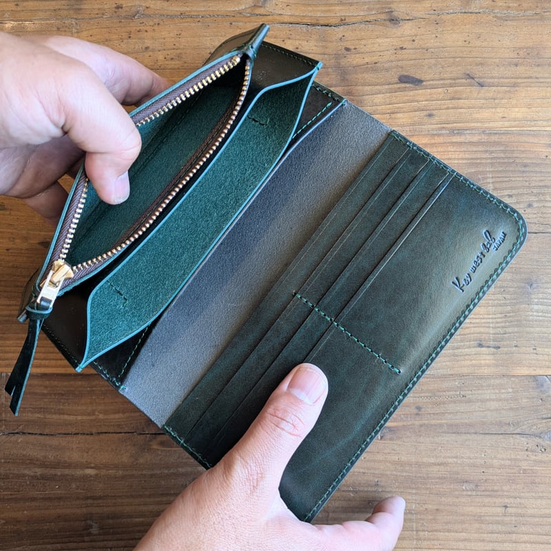 黒革×ルガトショルダーグリーン 深緑 長財布 小銭入れあり | keywest828 黒革×ルガトショルダーグリーン 深緑 長財布 小銭入れあり | keywest828