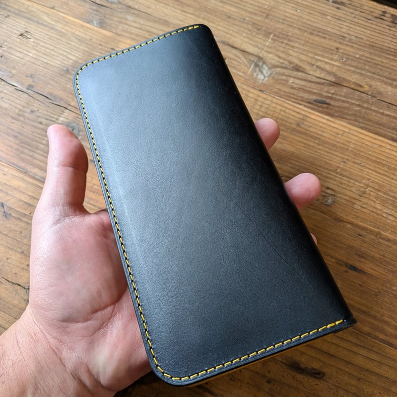 黒革×ルガトショルダーイエロー 黄色 長財布 小銭入れあり | keywest828