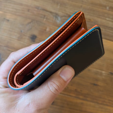 オイルコードバンネイビー×ルガトショルダーオレンジ 二つ折り財布  小銭入れあり