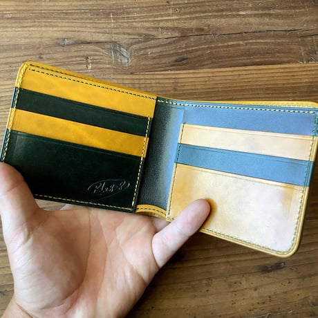 ルガトショルダーグリーン＆イエロー 二つ折り財布 小銭入れなし