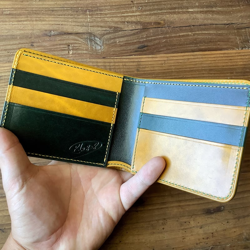 ルガトショルダーグリーン＆イエロー 二つ折り財布 小銭入れなし