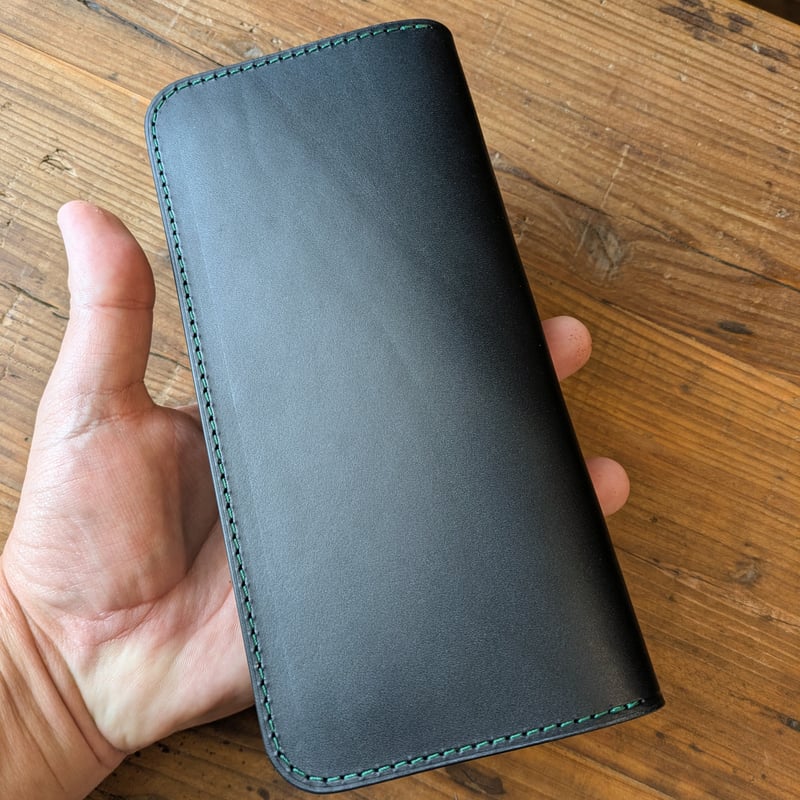 黒革×ルガトショルダーグリーン 濃緑 長財布 小銭入れあり | keywest828