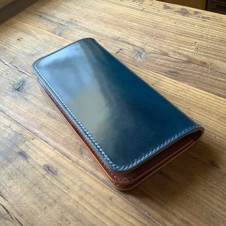 オイルコードバンネイビー×ルガトショルダーブラウン 長財布 小銭入れあり