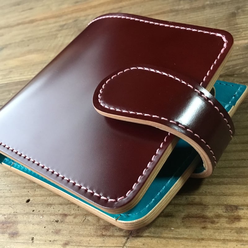 ブラウンコードバン×手染めターコイズブルー 二つ折り財布 小銭入れ