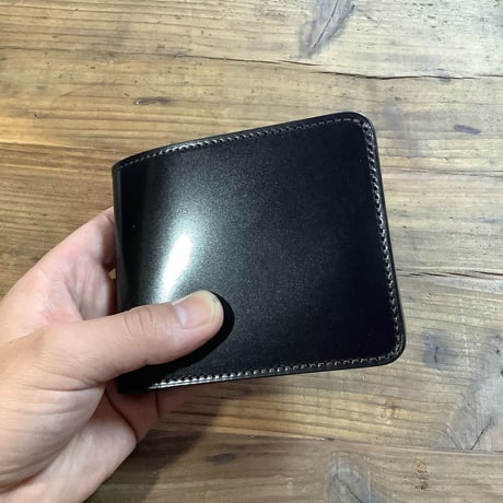 オイルコードバン黒×チョコ色牛革  二つ折り財布  小銭入れなし
