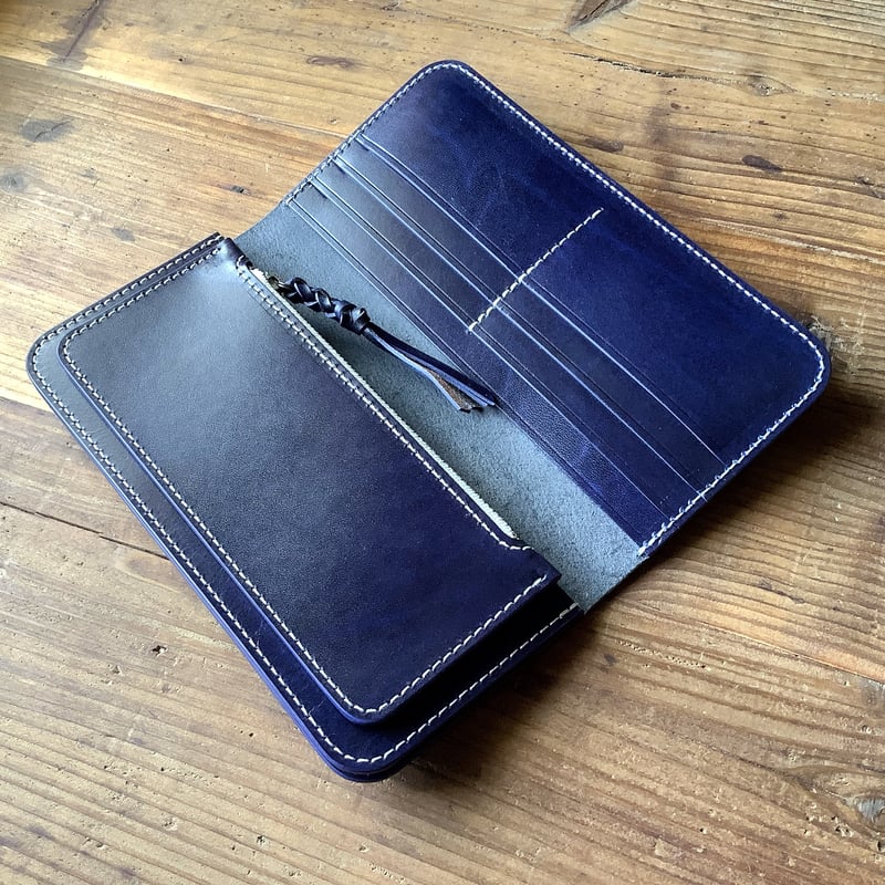 黒革×ルガトショルダーネイビー 紺色 長財布 小銭入れあり