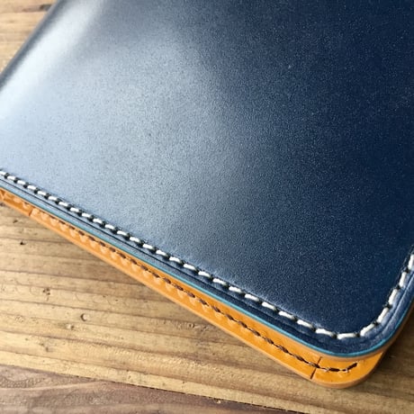ネイビーオイルコードバン×キャメル牛革 二つ折り財布 小銭入れあり II