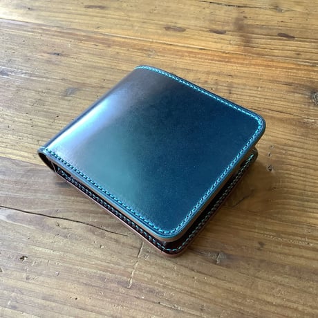 オイルコードバンネイビー×ルガトショルダー　ダークブラウン 二つ折り財布 小銭入れあり