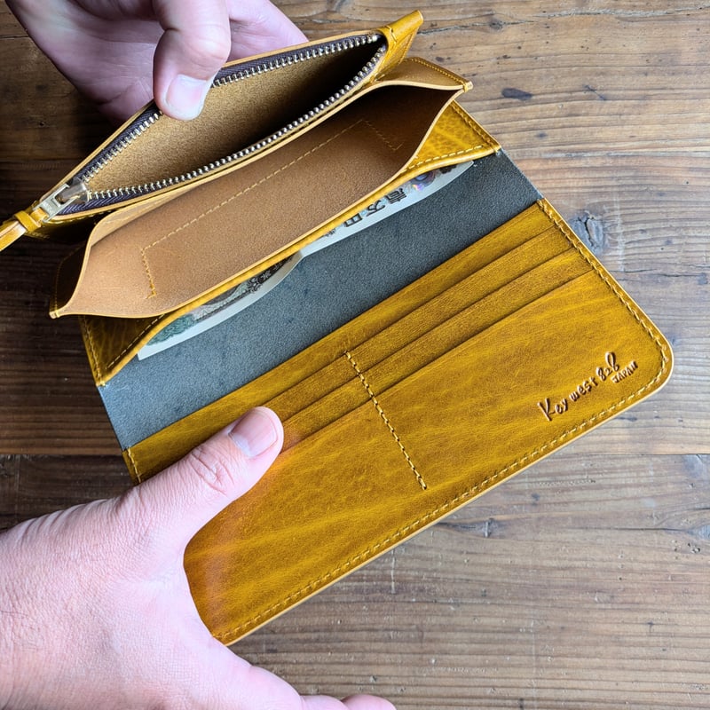 黒革×ルガトショルダーイエロー 黄色 長財布 小銭入れあり | keywest828