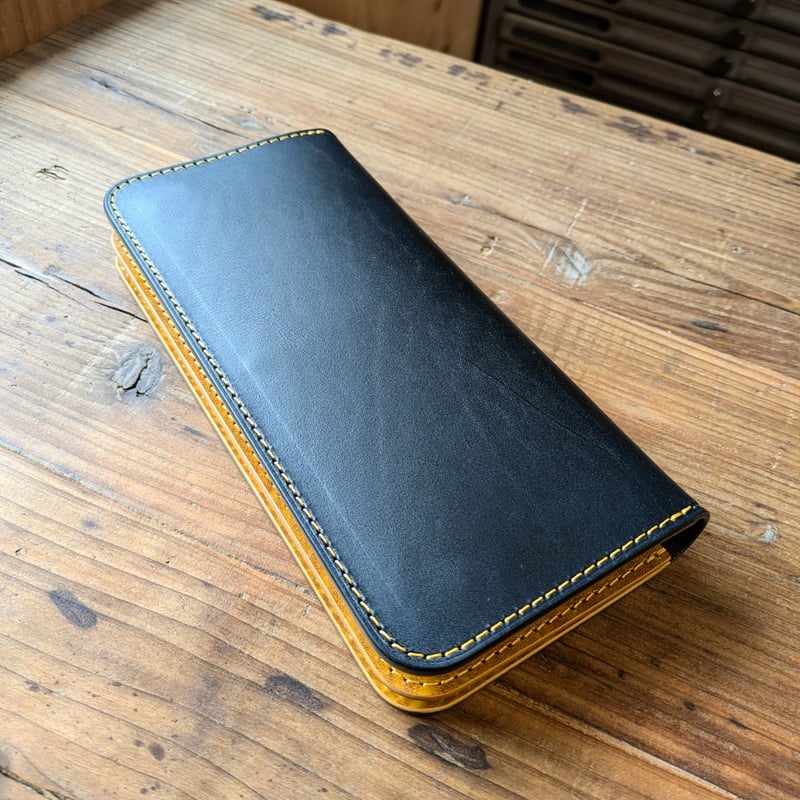 黒革×ルガトショルダーイエロー 黄色 長財布 小銭入れあり | keywest828